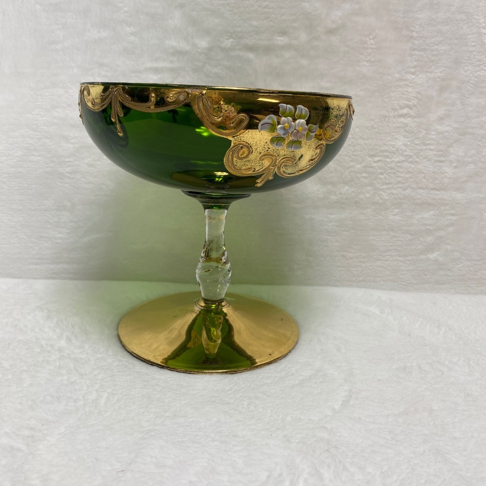 VTG Green Glass Pedestal‎ Compote Bowl Goblet Candy Dish Bowl Gold Leaf Italy